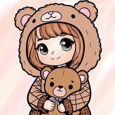 a girl  with a bear hood holding a teddy bear