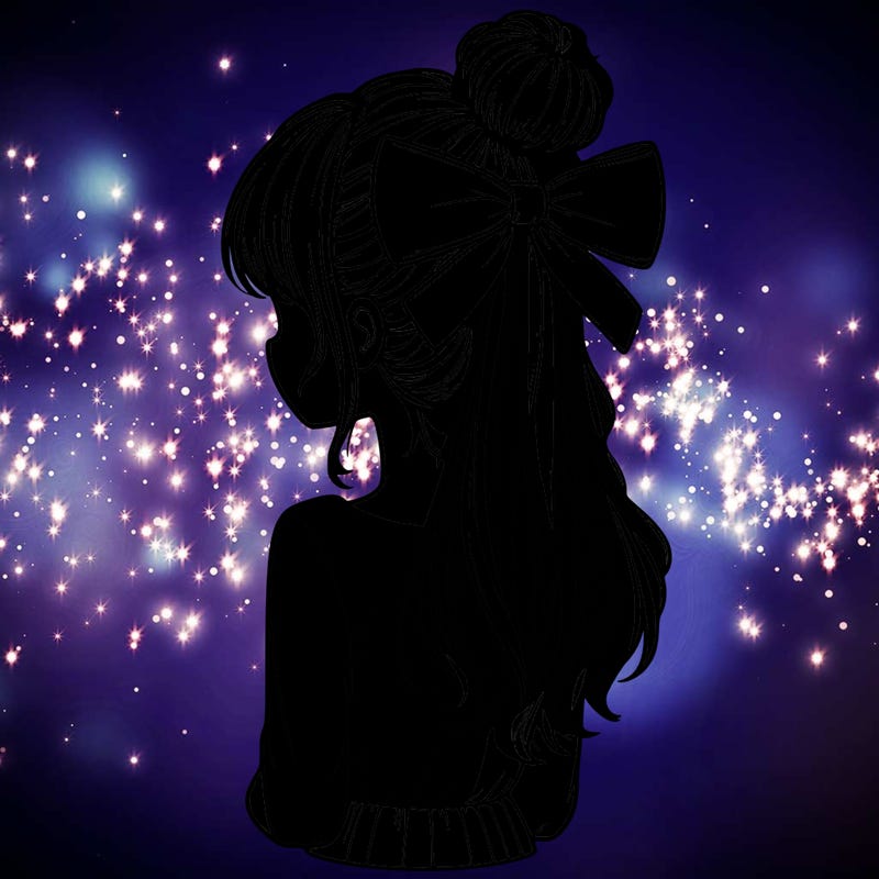 realistic girl  with hip length hair a bun and a big bow on the back of head