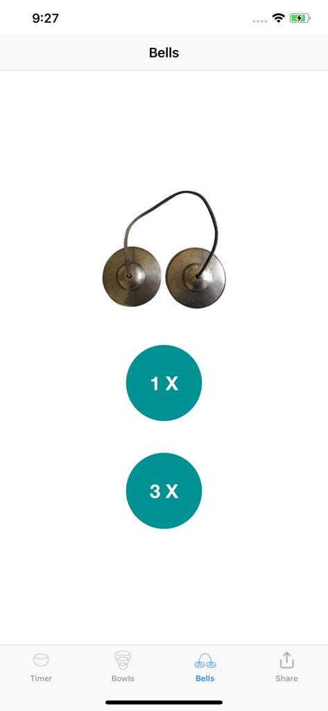 Meditation Timer Plus app screen for selecting bell sounds with Tibetan Tingsha bells icon