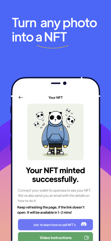 NFT Creator - Art Maker & Mint - Smartphone screen showing a successfully minted panda NFT in the NFT Creator app with options to learn how to sell on marketplaces