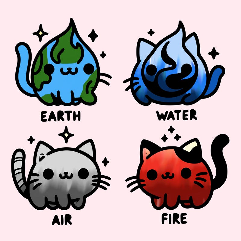 4 cats that represent the different elements, earth, water, air, and fire