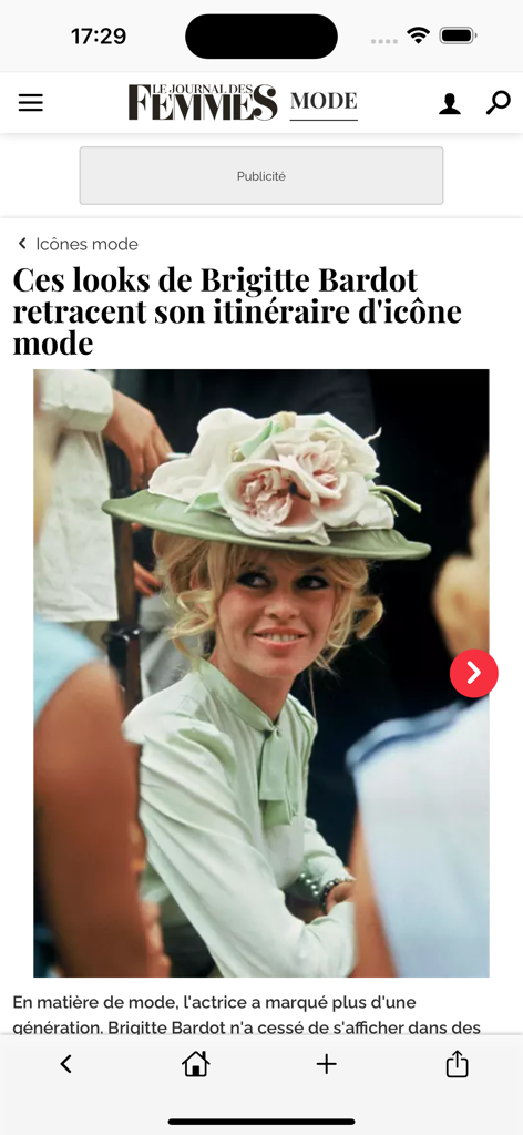 An article about Brigitte Bardot fashion looks in the Journal des Femmes mobile app
