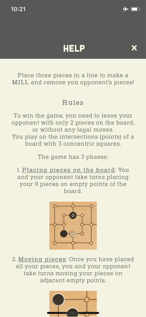 나인 멘스 모리스의 규칙과 게임 단계를 보여주는 도움말 화면