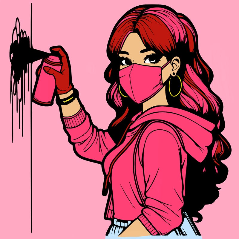 realistic girl with mask spray painting a wall