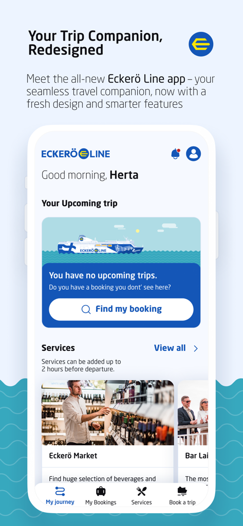 Eckerö Line - Eckerö Lineモバイルアプリのホーム画面。Eckerö Marketのような船内サービスと今後の旅行情報が表示されています。