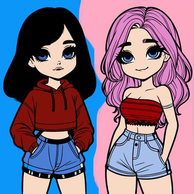 two cute teenage girls one wearing a hoodie and shorts and the other wearing crop top and shorts