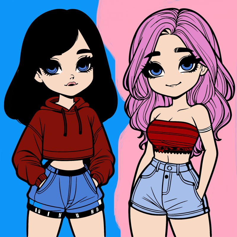 two cute teenage girls one wearing a hoodie and shorts and the other wearing crop top and shorts