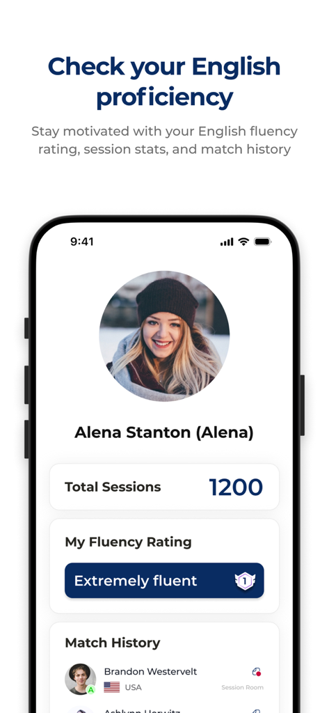 Tela de perfil do aplicativo Episoden mostrando a classificação de proficiência em inglês e o total de sessões de conversação