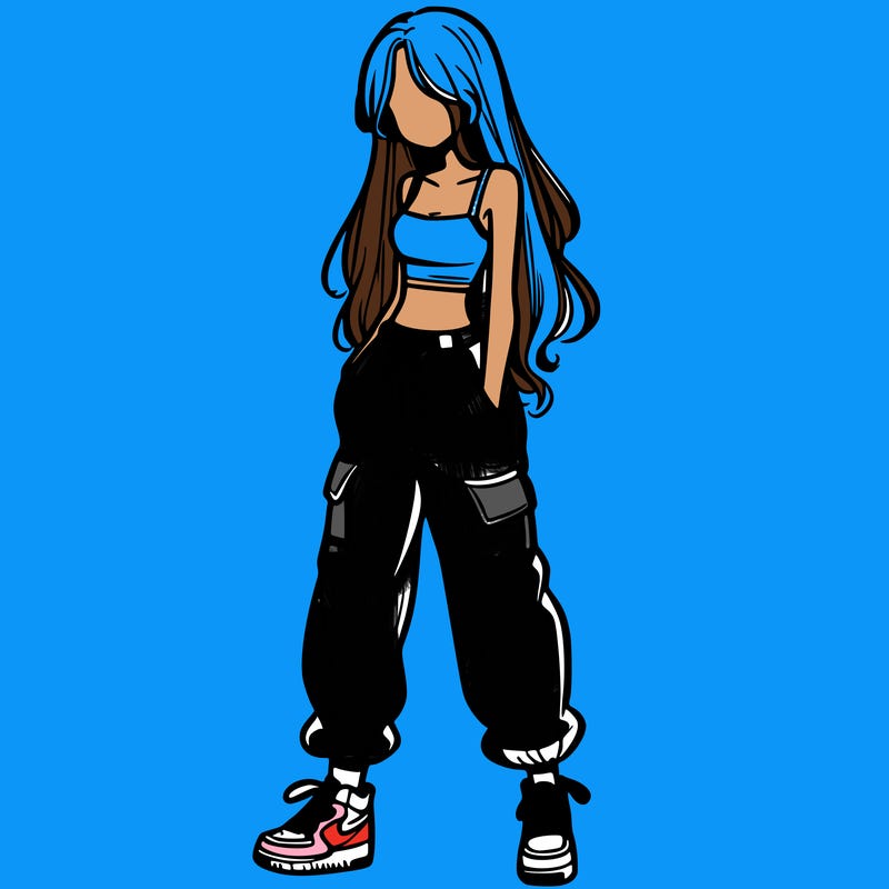 girl in baggy pants crop top and long hair