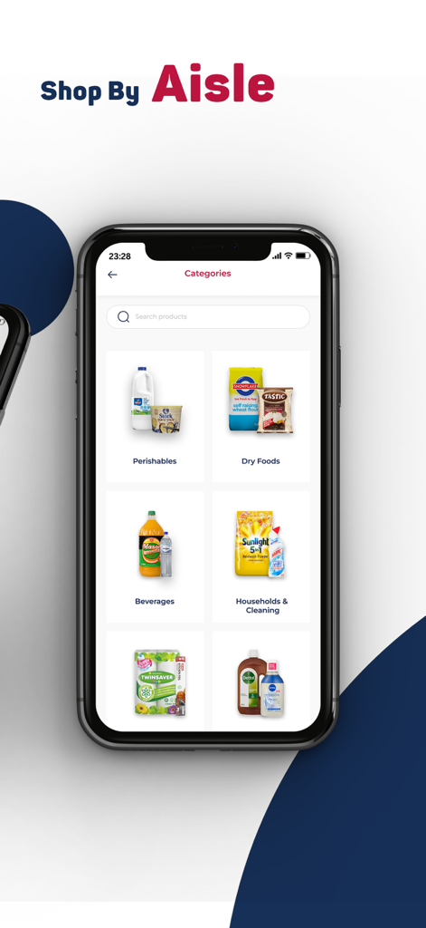 Interfaz de la aplicación móvil TM Pick n Pay mostrando categorías de compras de comestibles por pasillo