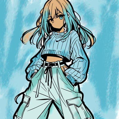 anime teen girl with baggy pants and crop top with sweater