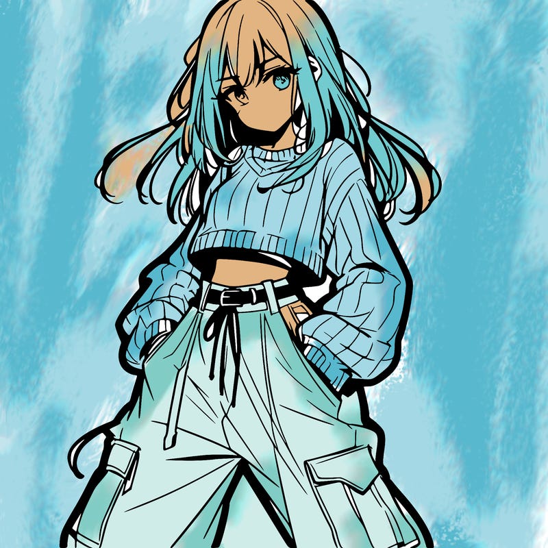 anime teen girl with baggy pants and crop top with sweater