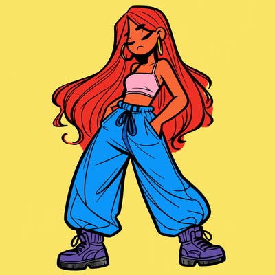 girl in baggy pants crop top and long hair