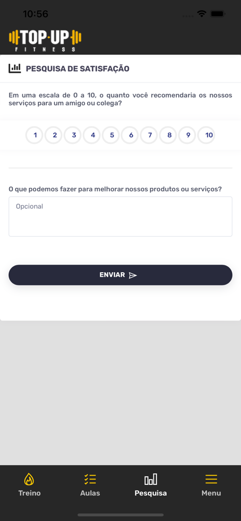 TOP UP ACADEMIA - Pantalla de encuesta de satisfacción en la aplicación Top Up Academia que muestra una escala de calificación numérica y un cuadro de texto para comentarios.