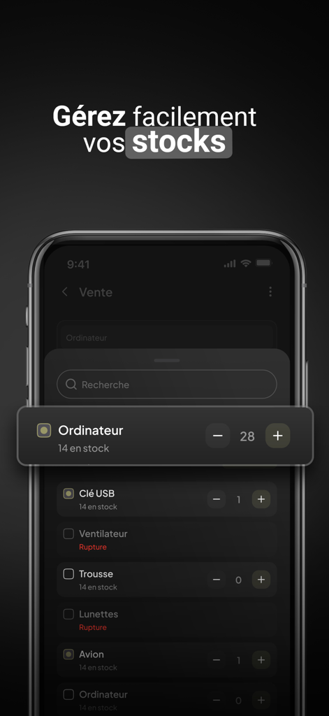 Mobile app interface for managing business stock showing product inventory levels and availability