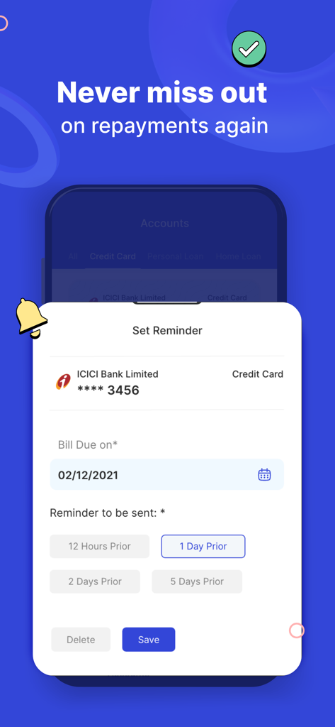 Mobile interface of OneScore app showing a Set Reminder screen for an ICICI Bank credit card payment