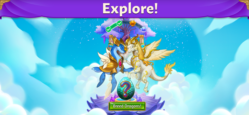 Two mythical dragons facing each other above a glowing mystery egg in a whimsical sky environment with a Breed Dragons button.