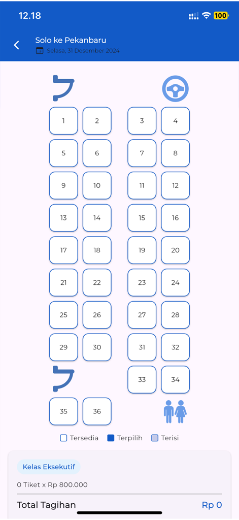 Buzzit - Interface de seleção de lugares de autocarro na aplicação Buzzit para viagens de classe executiva PO SAN