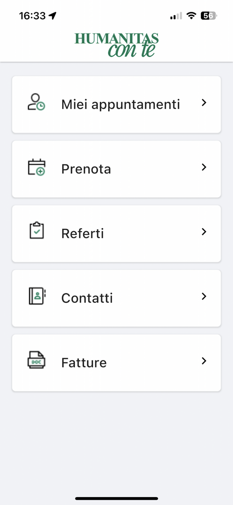 Humanitas Con Te - Dashboard of the Humanitas Con Te app featuring menu options for appointments, booking, reports, contacts, and invoices.