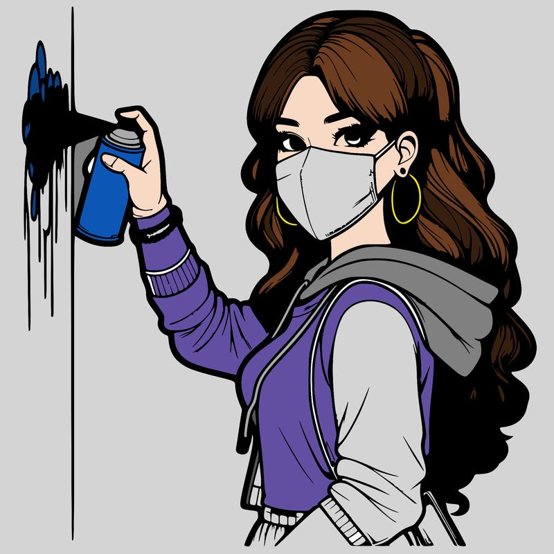 realistic girl with mask spray painting a wall