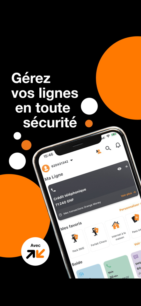 Schermo di smartphone che visualizza l'interfaccia dell'app Orange Max it Guinea per la gestione delle linee telecomunicative e del credito