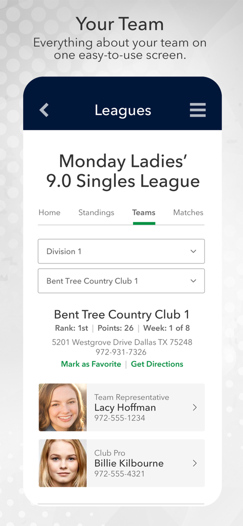 TCD To Go - TCD To Go app interface displaying tennis team rankings location and contact details