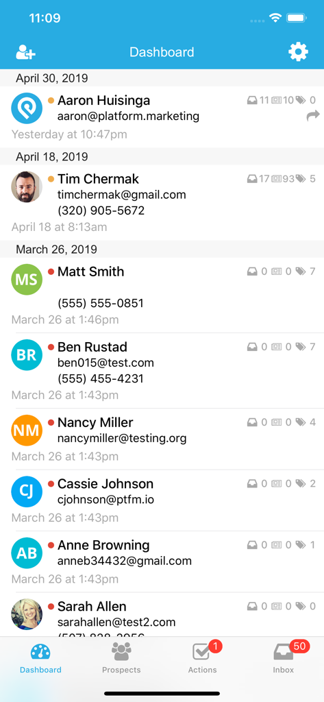 Platform Marketing - Dashboard screen of the Platform Marketing app showing a list of prospective leads with their contact information and status.