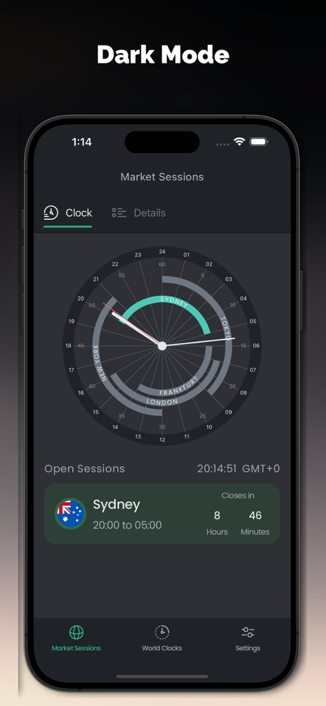Interface en mode sombre de l'application Forex Hours montrant l'horloge des sessions de marché mondiales