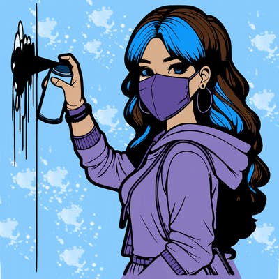realistic girl with mask spray painting a wall