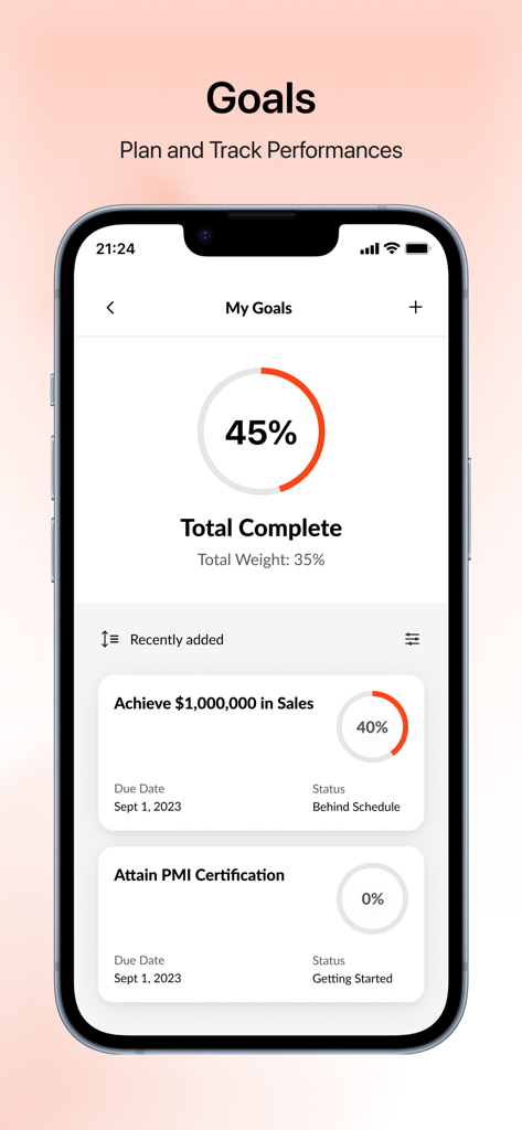 Schermata mobile dell'app Cornerstone Galaxy che mostra gli obiettivi di performance professionali e il monitoraggio dei progressi