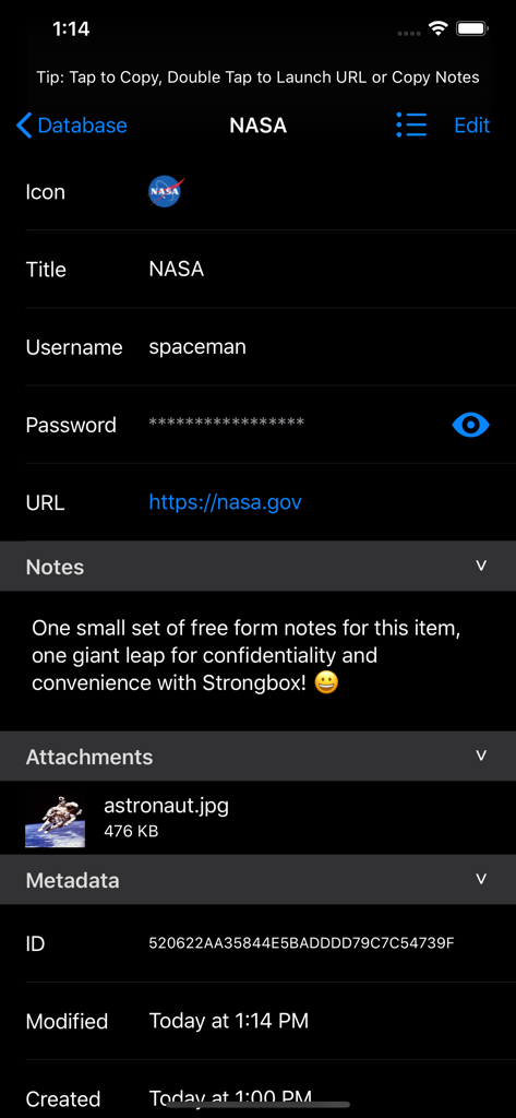 Strongbox Proのパスワードエントリ詳細画面。NASAアカウントのユーザー名とマスクされたパスワードが表示されています。