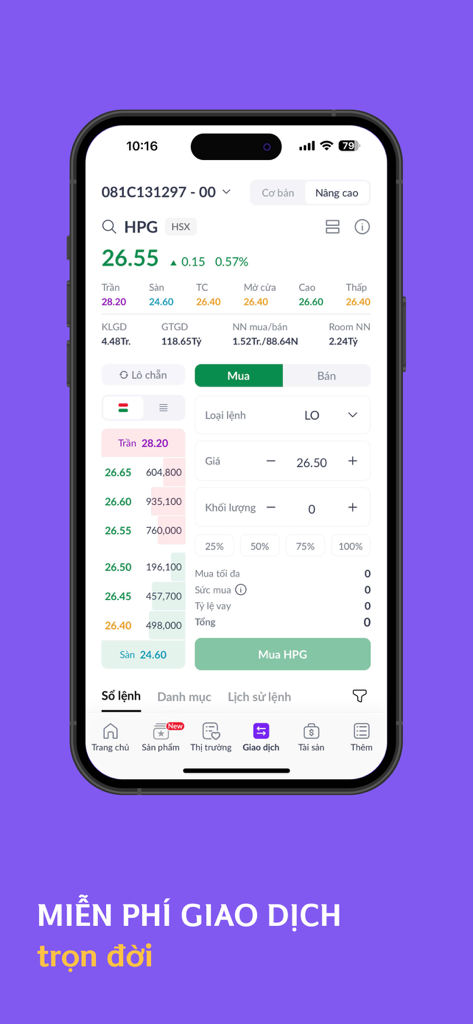 Interfaz de la aplicación móvil de trading de acciones de San Xin Ha que muestra una pantalla de orden de compra de acciones para HPG con texto de promoción de trading gratuito.