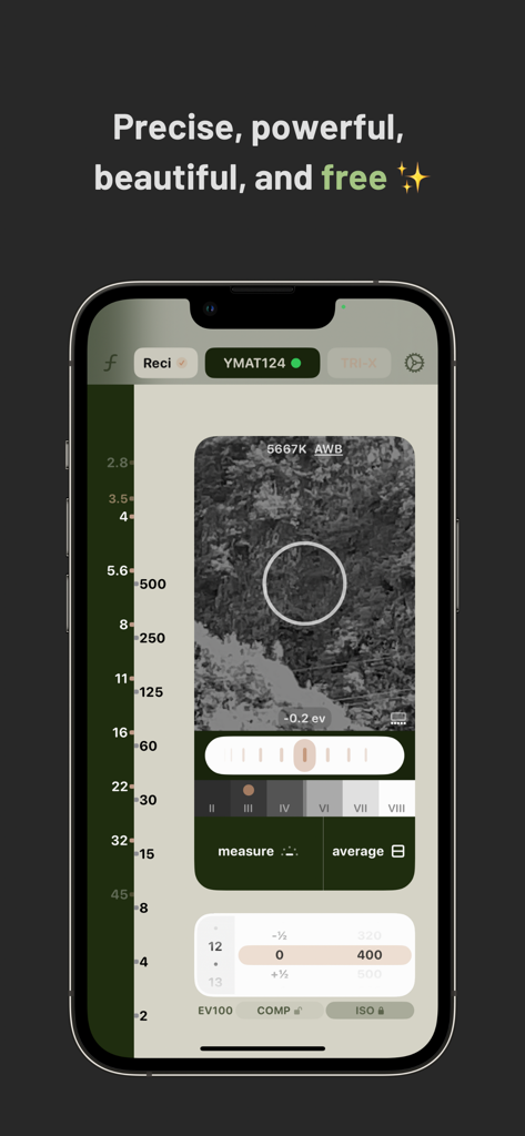 Interface de l'application Lightme montrant la mesure spot et les réglages d'exposition pour la photographie argentique