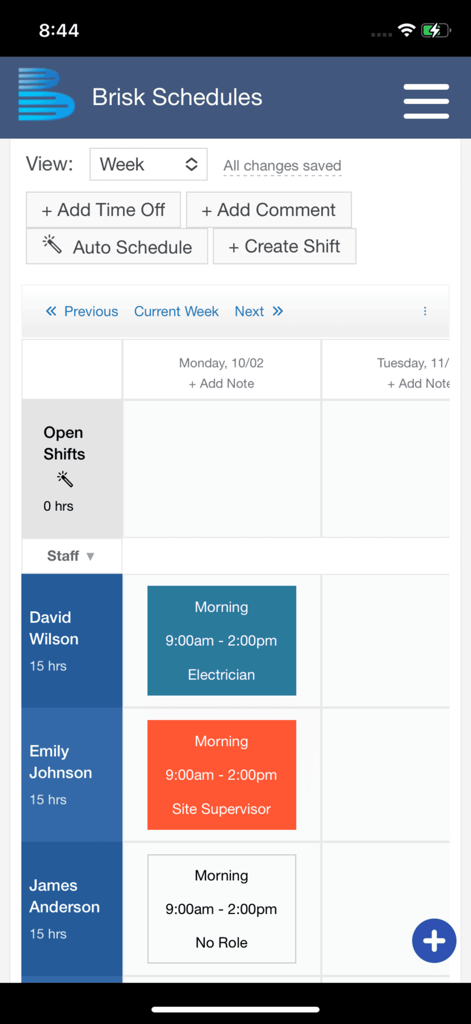 Brisk Schedules - Brisk Schedules mobile app showing a weekly shift overview with staff names and assigned roles