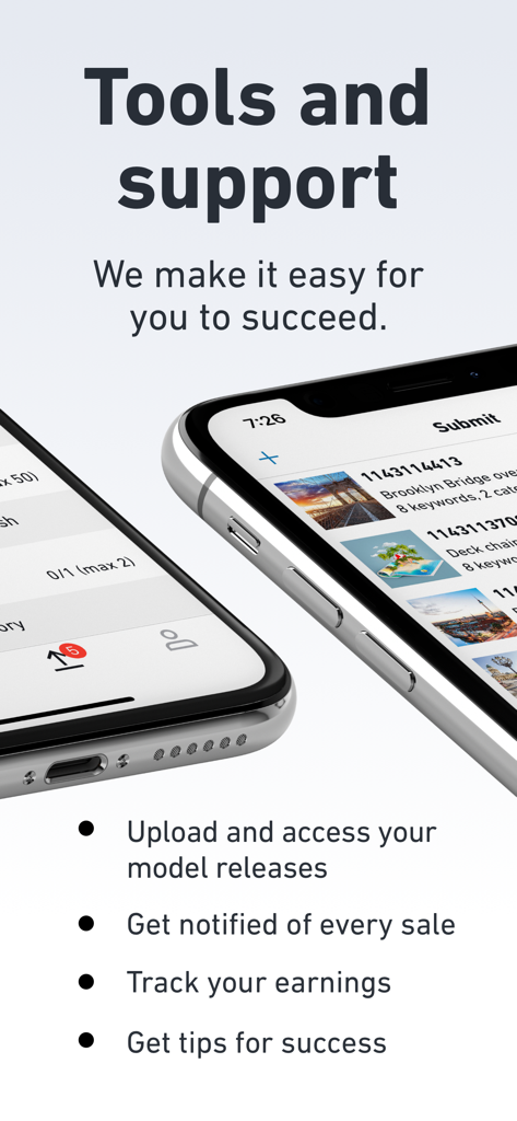 Interfaccia dell'app Shutterstock Contributor su smartphone che evidenzia gli strumenti per il monitoraggio dei guadagni e l'invio di immagini.