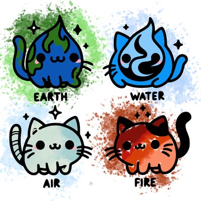4 cats that represent the different elements, earth, water, air, and fire