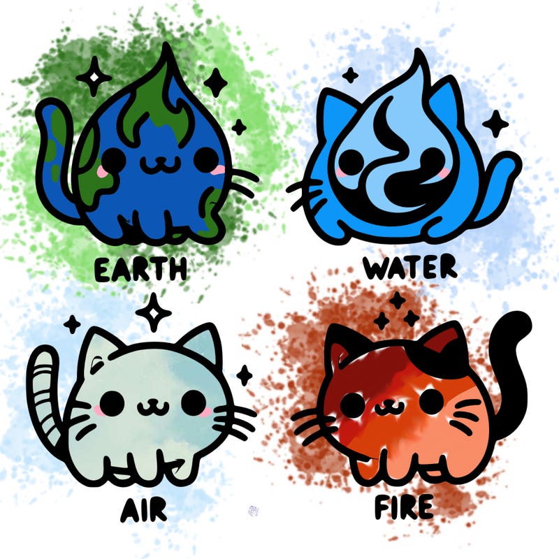 4 cats that represent the different elements, earth, water, air, and fire