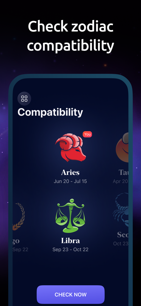 StarMaster: Night Sky & Astro - Mobile App-Oberfläche, die Sternzeichen-Kompatibilitätsoptionen für Widder und Waage mit einer Schaltfläche 'Jetzt prüfen' anzeigt