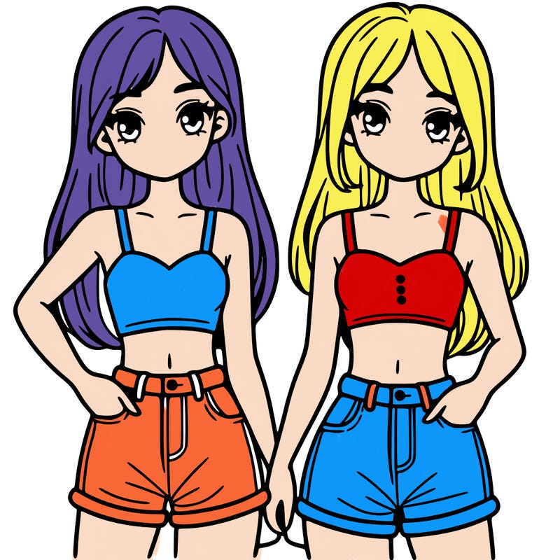 two sisters with crop tops and jean shorts and straight hair