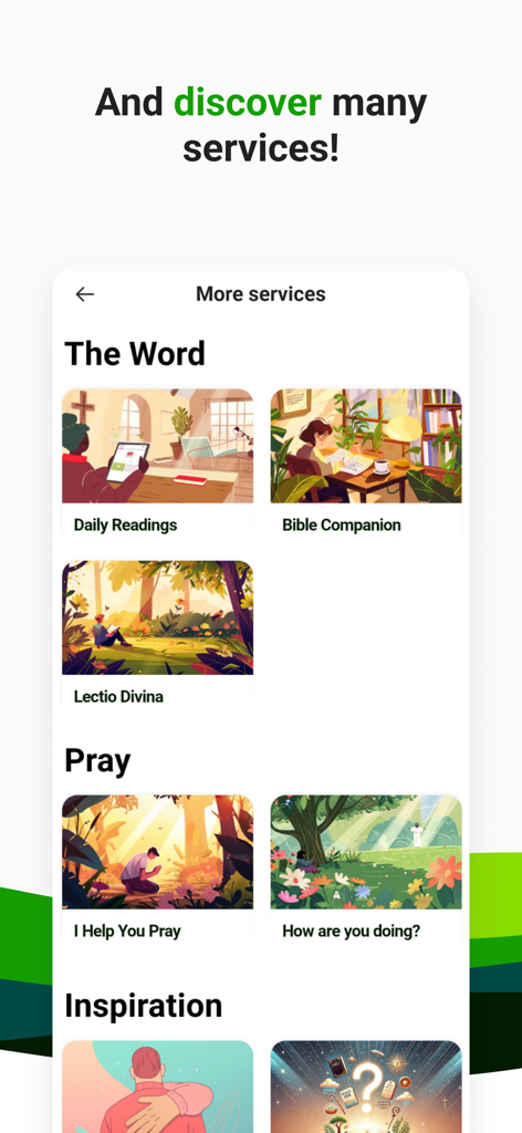 HelloBible : Bible Chat - HelloBibleアプリのインターフェース。聖書研究、祈り、毎日の読書を含むスピリチュアルサービスのメニューを表示しています。