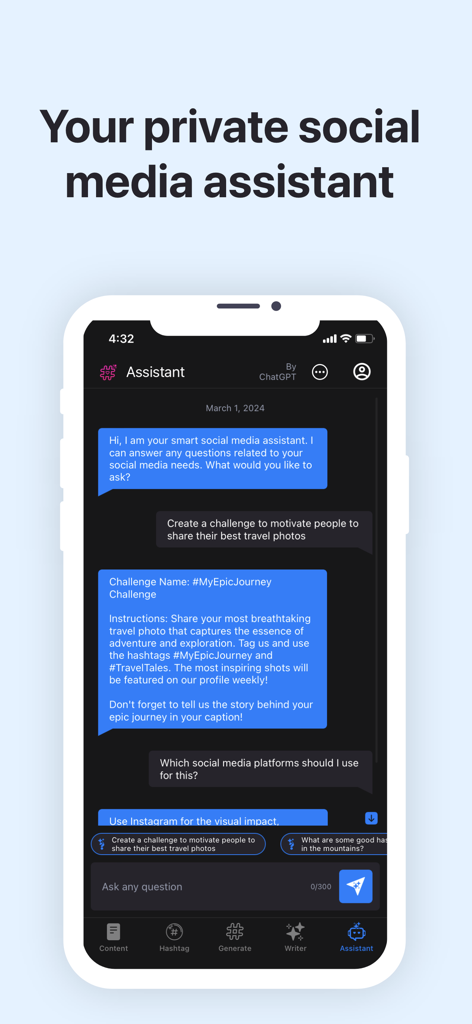 Interface de chat de l'assistant IA pour la stratégie de contenu des réseaux sociaux dans l'application Hashtag Smart.