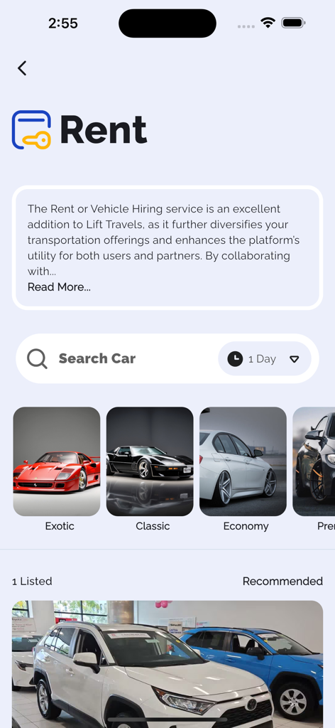 Lift: Book any ride - Interface of the Lift app showing car rental categories including exotic classic and economy vehicles