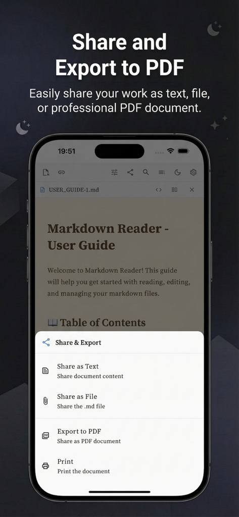 Screenshot of MarkFlow app showing share and export options including PDF, text, and file sharing on an iPhone.