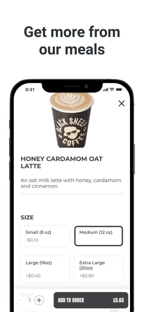 Black Sheep Coffee US - Black Sheep Coffee mobile app screen showing customization options for a Honey Cardamom Oat Latte with size selection