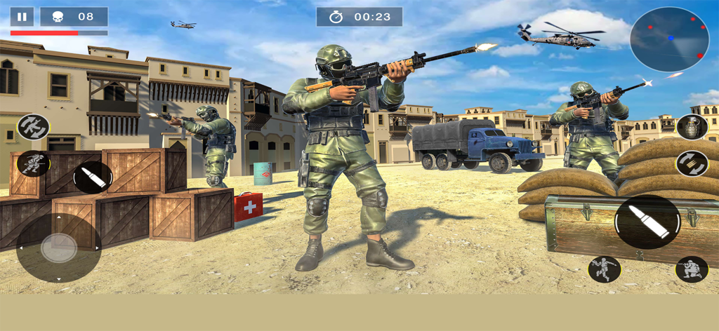 Modern Ops : Fps Games - Soldiers in tactical uniforms firing assault rifles in a desert town during an FPS mission