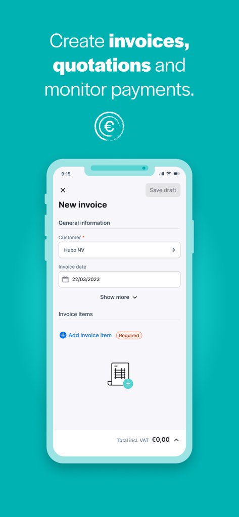 Teamleader Focus - Pantalla móvil de la aplicación Teamleader Focus mostrando la interfaz para crear una nueva factura