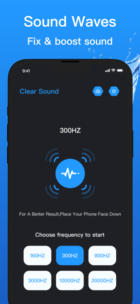 Clear Sound: Speaker Cleaner - Interfaz de la aplicación Clear Sound que muestra diferentes opciones de frecuencia de onda de sonido para limpiar altavoces de móviles.