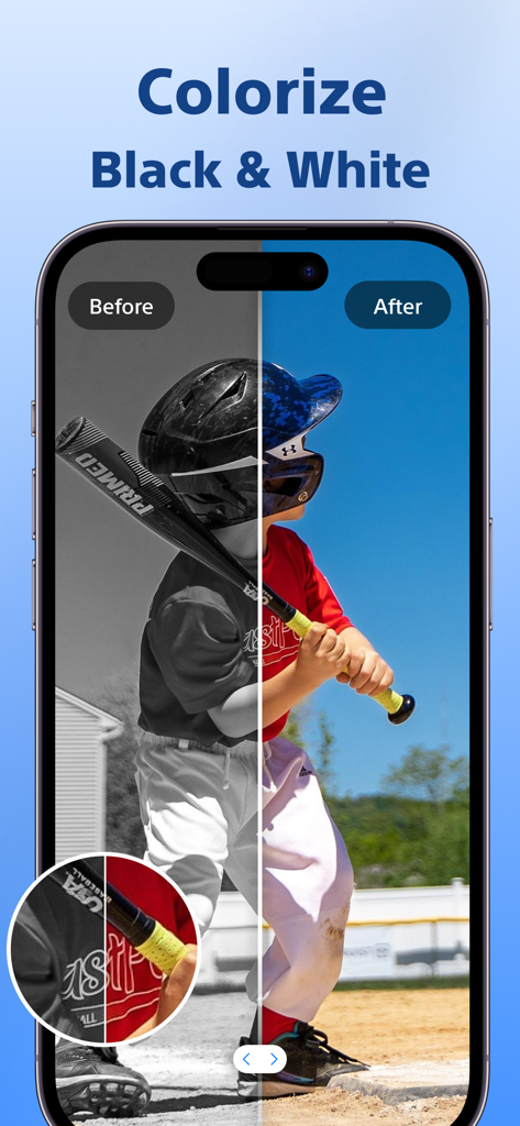 Unblur Photo - Enhance & Clear - Side by side comparison of a black and white baseball photo being colorized by AI