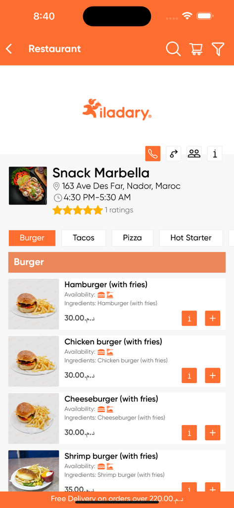 Benutzeroberfläche der Iladary Food-Delivery-App, die eine Burger-Speisekarte mit Preisen und Fotos für ein Restaurant in Marokko anzeigt.