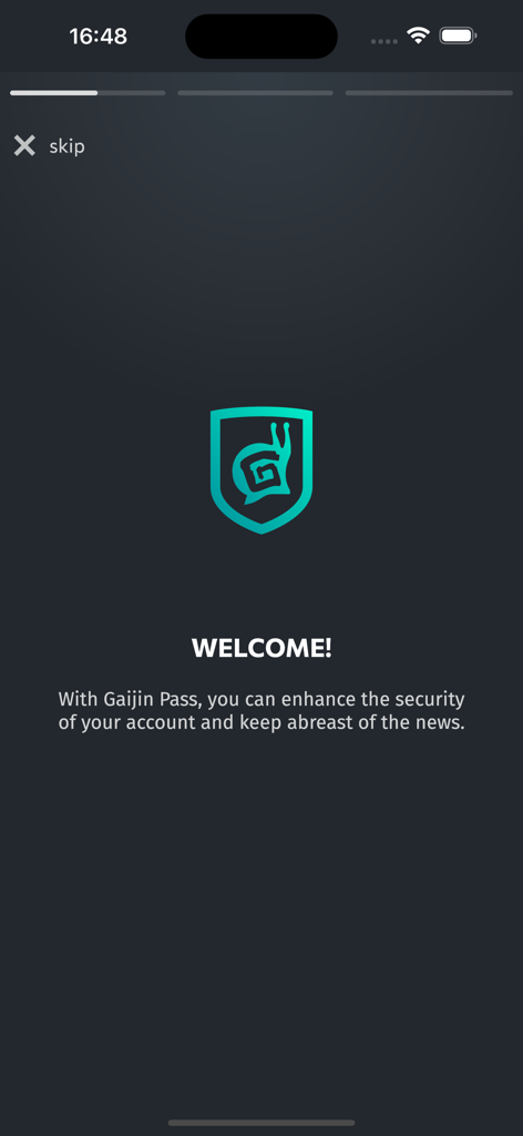 Gaijin Pass - Welcome screen of the Gaijin Pass app featuring the snail shield logo and security information